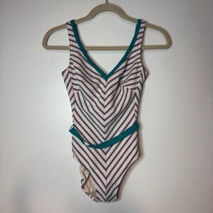 Vintage Robby Len Swimsuit Striped Print High Cut Belted 50s 60s 70s Style